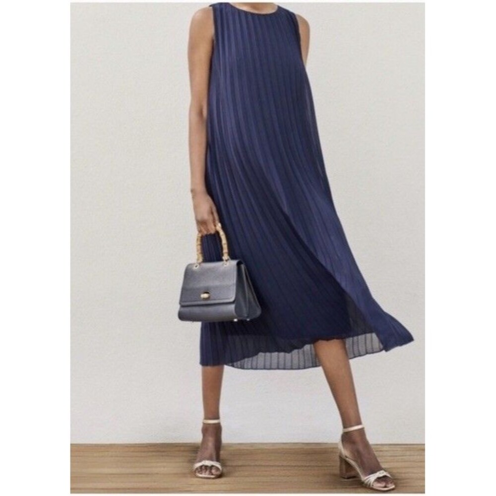 J. McLaughlin Sleeveless Pleated Midi Dress XS Navy Blue Lined Wedding Prom Chic